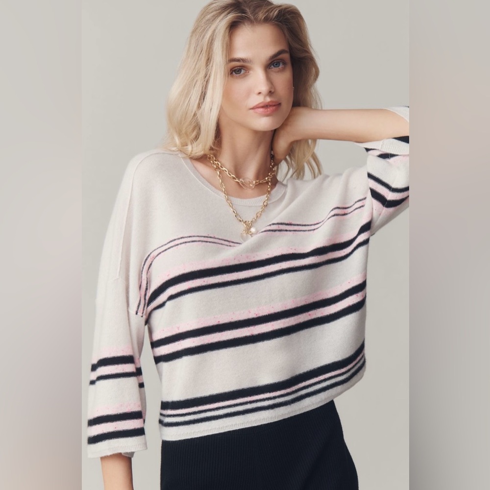 Anthropologie Cashmere V-Back Sweater in Black/Ivory/Pink